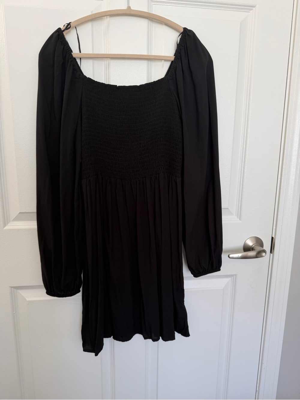 Black Smocked Mini Dress with Puff Sleeves